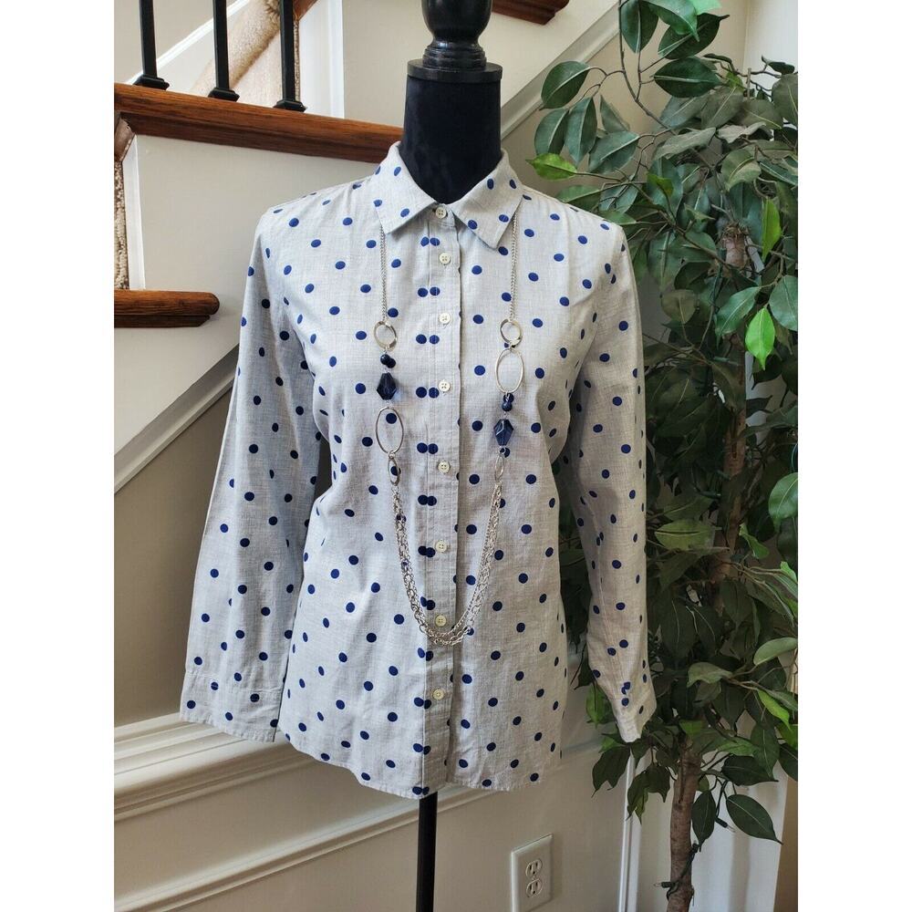 Talbots Women Gray 100% Cotton Long Sleeve Collared Button Down Casual Shirt L